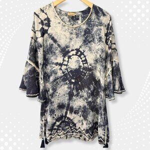💙 Boho Tie-Dye Tunic Dress Cover-Up w/ Crochet Trim & Tassels | Navy White | XS